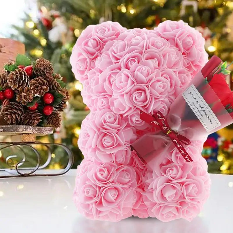 Rose Bear in Clear Box - Handmade Artificial Flower Gift for Valentine's Day, Birthday, or Special Occasion