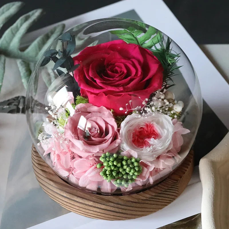 Preserved Red Rose and Carnation Dome with Wooden Base