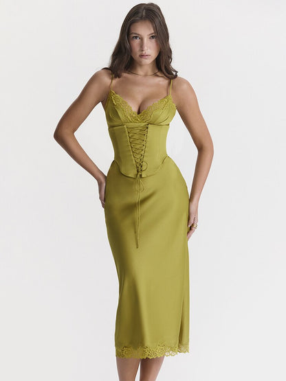Satin Lace Trim Corset Midi Dress