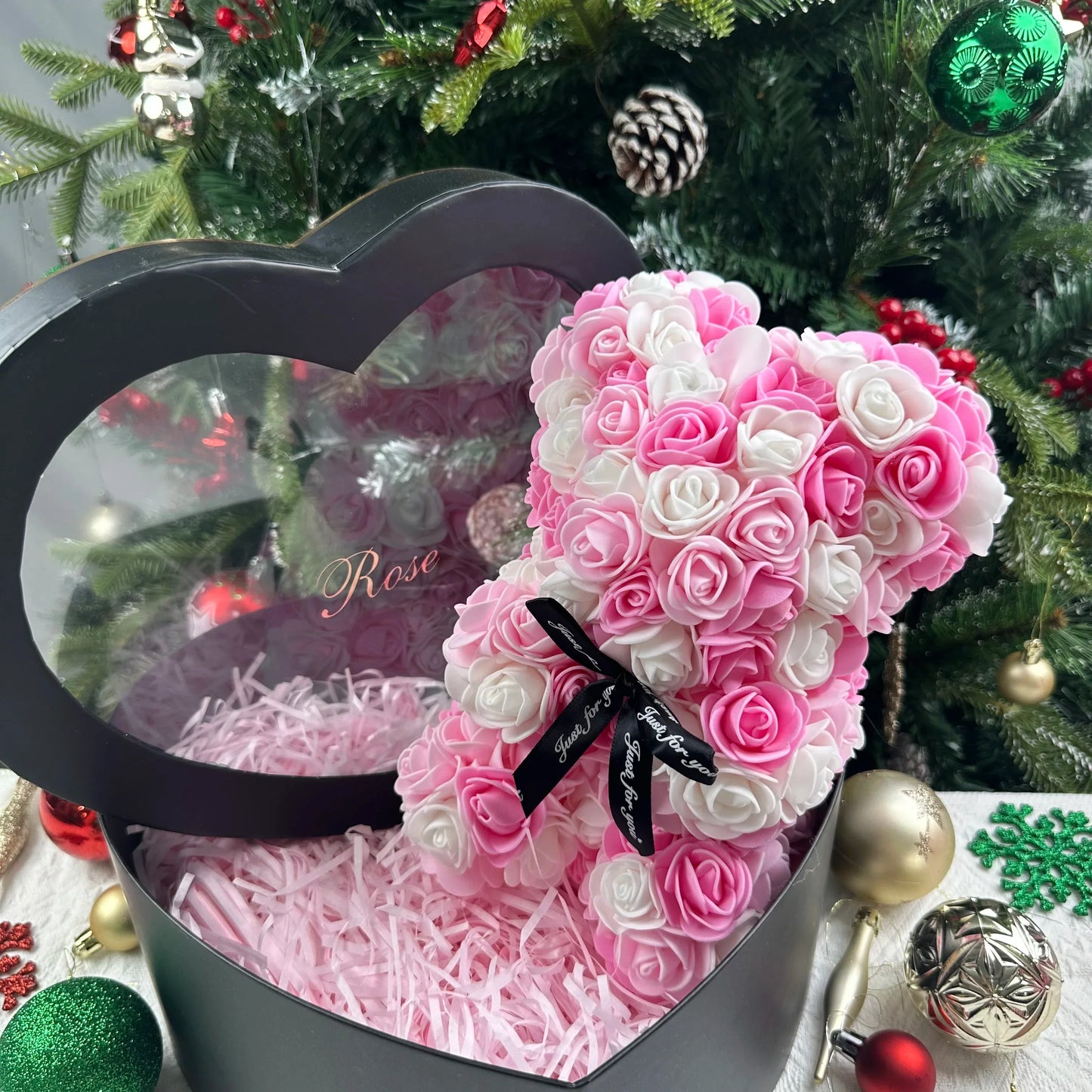 Artificial Rose Teddy Bear 25cm Romantic Floral Gift with Gift Box
