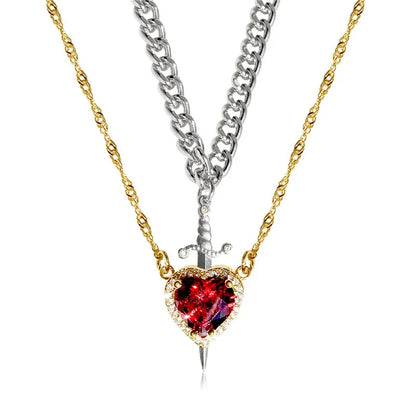 Heart and Sword Zircon Pendant Necklace Set