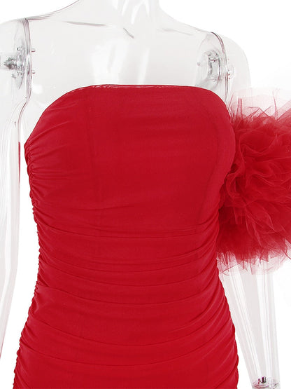 Red Mesh Bodycon Tube Mini Dress With Tulle Puff One-shoulder Sleeve