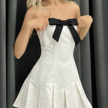 White Bow Design Pleated Mini Dress