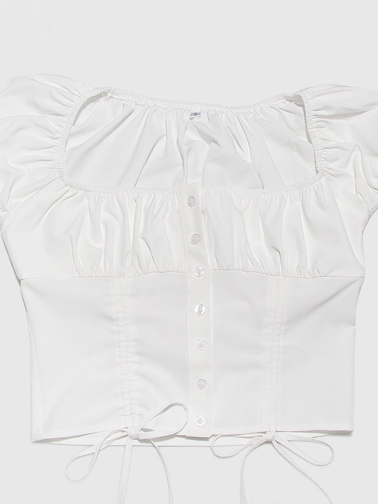 White Buttoned Drawstring Crop Top and Midi Skirt Two Piece Set