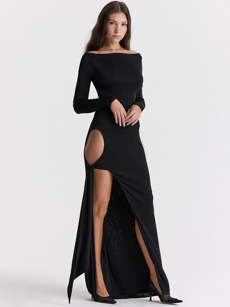 Long Sleeve Black Side Slit Hollow Tie Up Maxi Dress