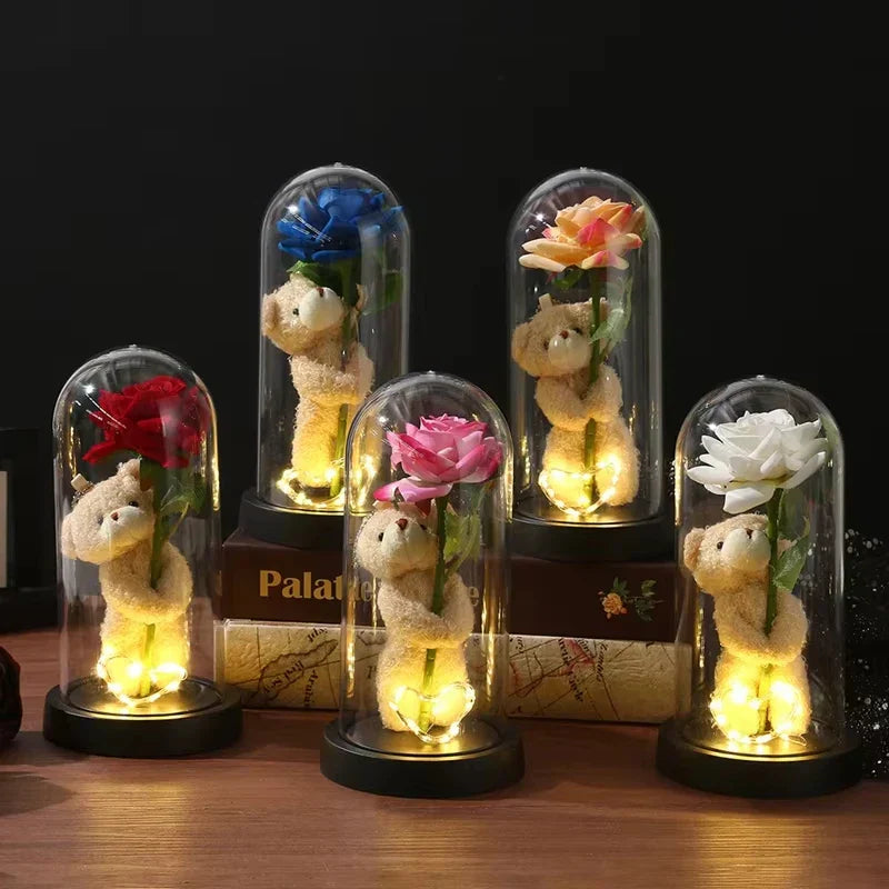 Eternal Rose in Glass Dome with Bear Gift for Special Occasions