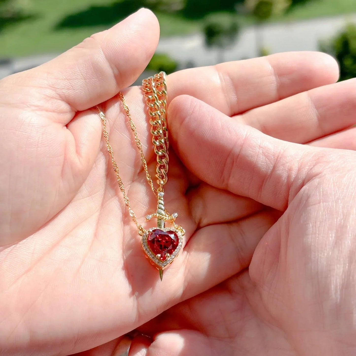 Heart and Sword Zircon Pendant Necklace Set