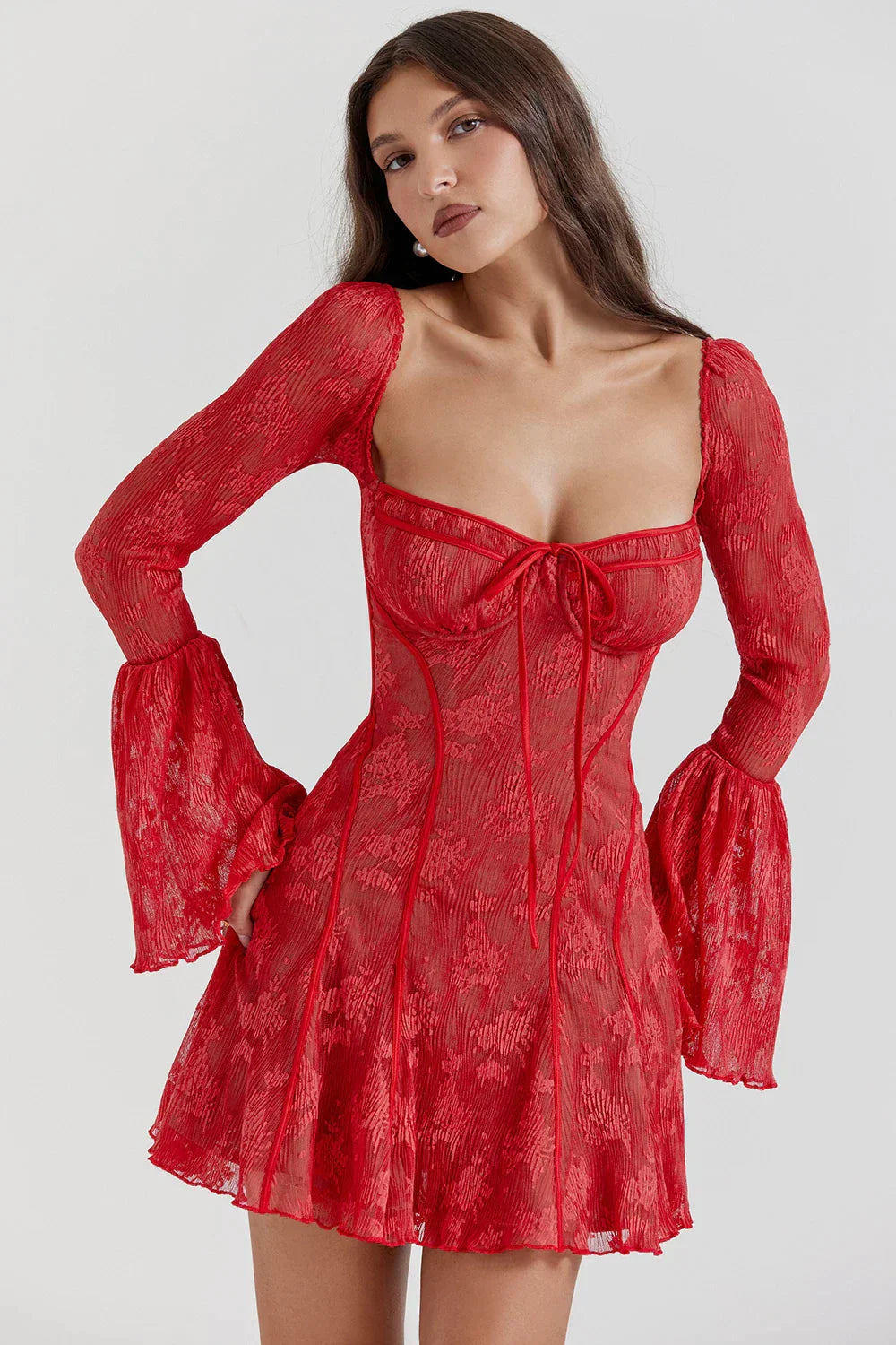 Long Sleeve Lace Square Neck Mini Dress