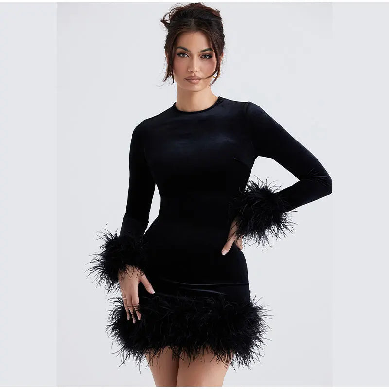 Velvet Long Sleeve Fur Trim Mini Dress