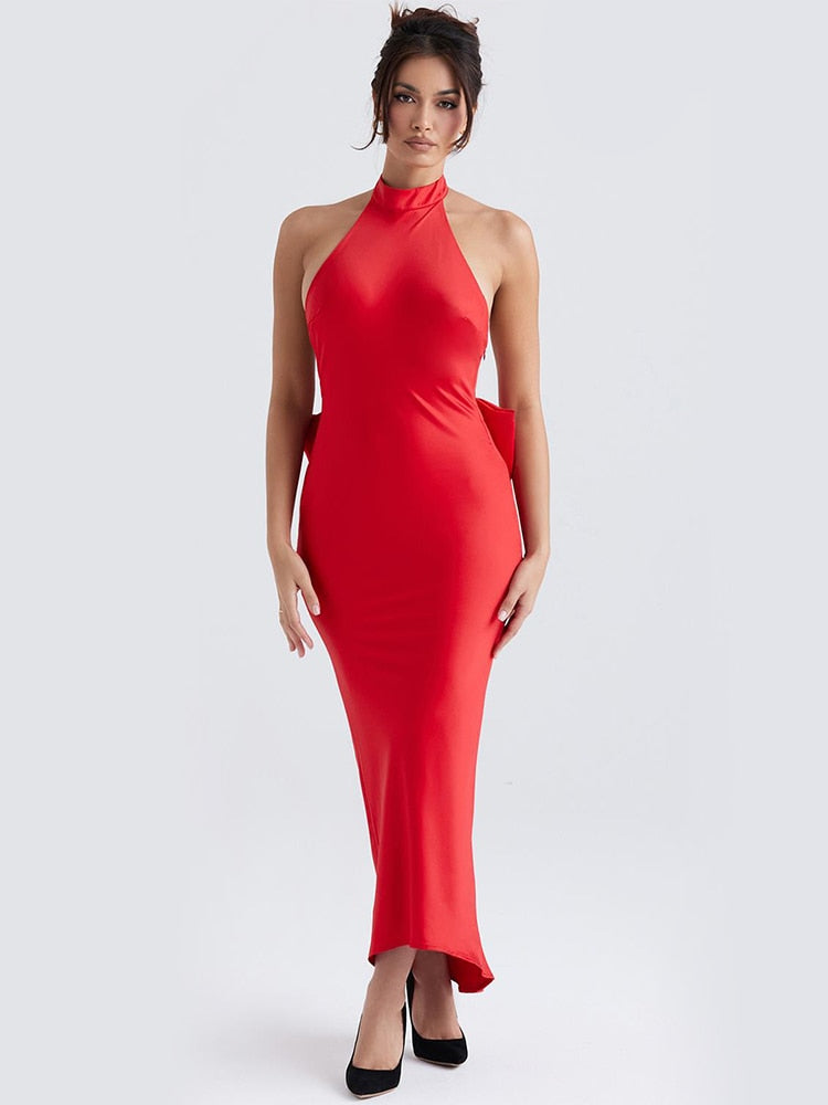 Red Satin Backless Bow Halter Maxi Dress