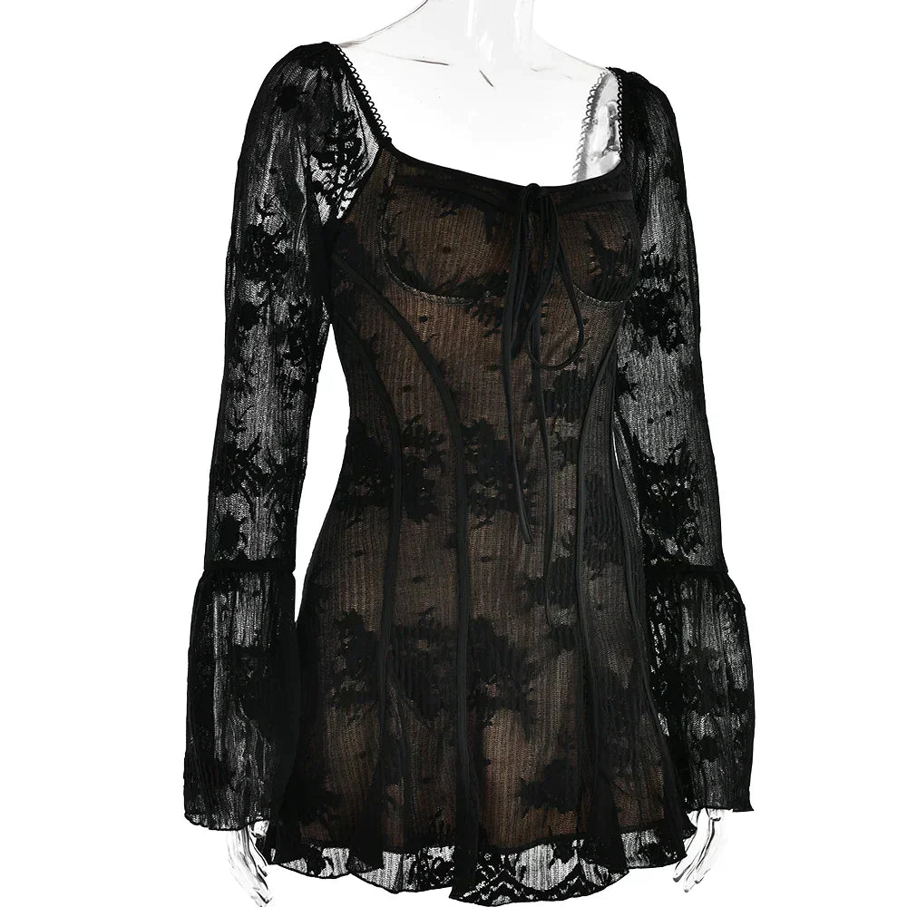 Long Sleeve Lace Square Neck Mini Dress