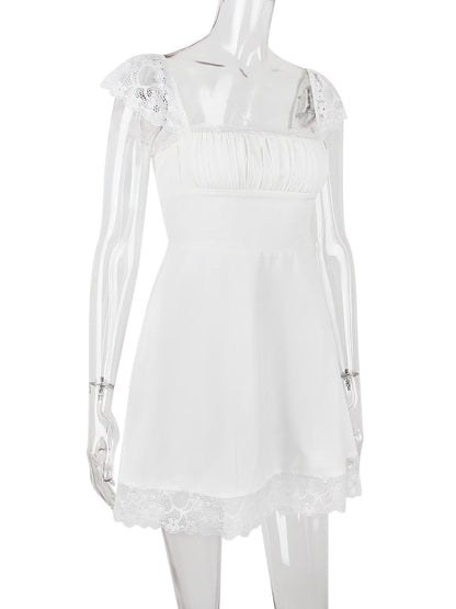 Lace Trim Square Neck Frill Mini Dress