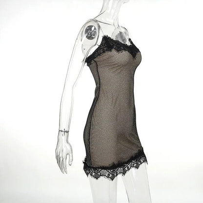 Strappy Mesh Lace Patchwork Mini Sequin Dress