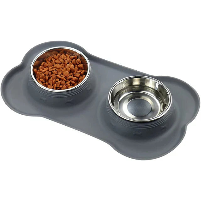 Antislip Double Dog Bowl with Silicone Mat Stainless Steel