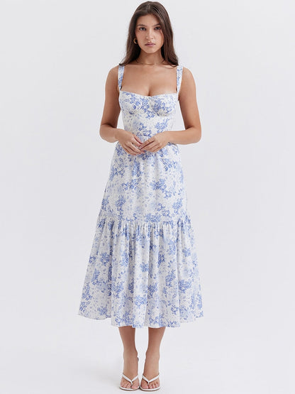 Floral Print Bustier Strap With Pocket Midi Dress