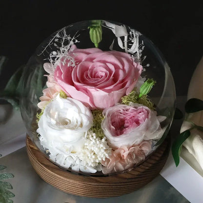 Preserved Red Rose and Carnation Dome with Wooden Base