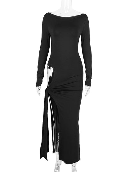 Long Sleeve Black Side Slit Hollow Tie Up Maxi Dress