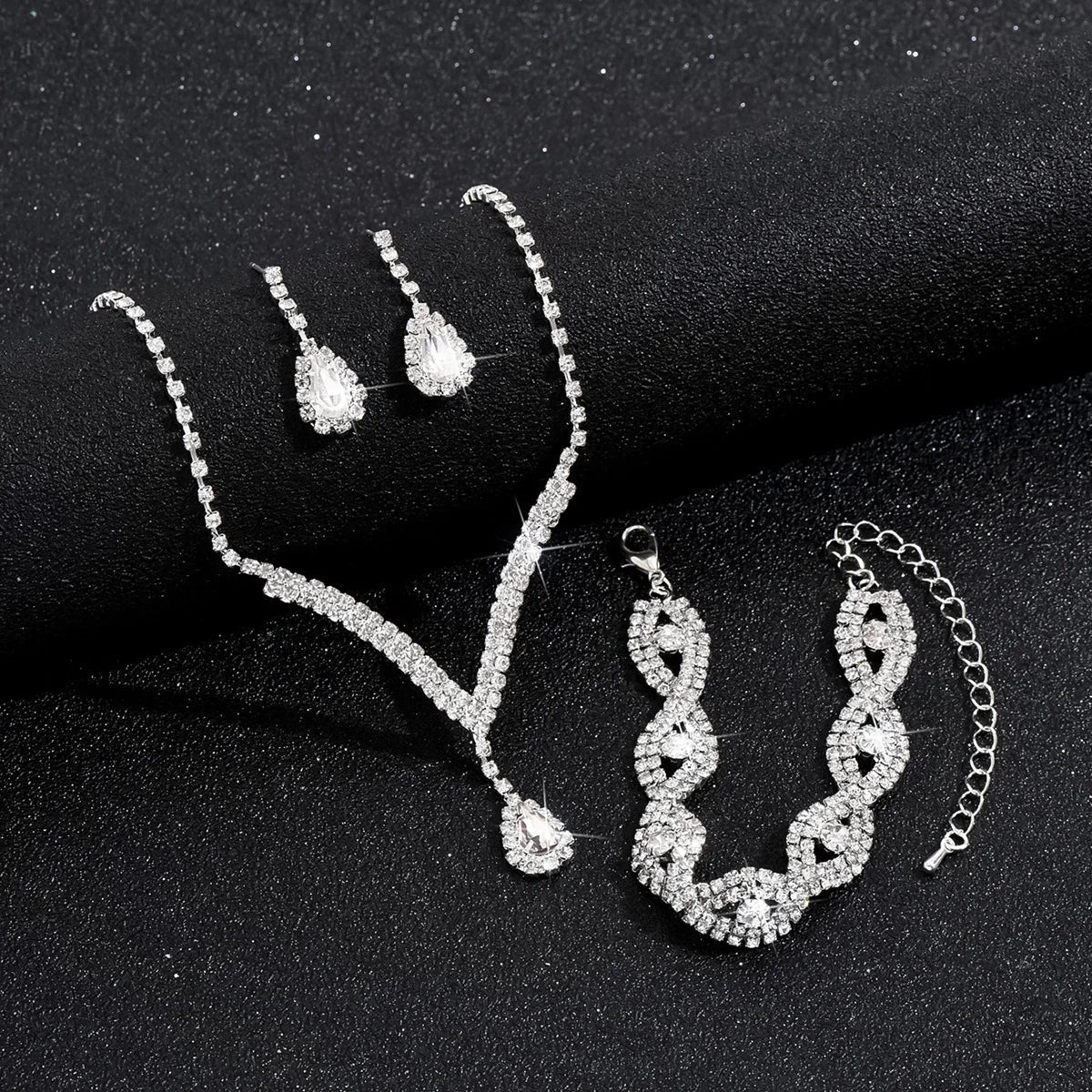 Black Crystal Water Drop Bridal Jewelry Set 3 Piece