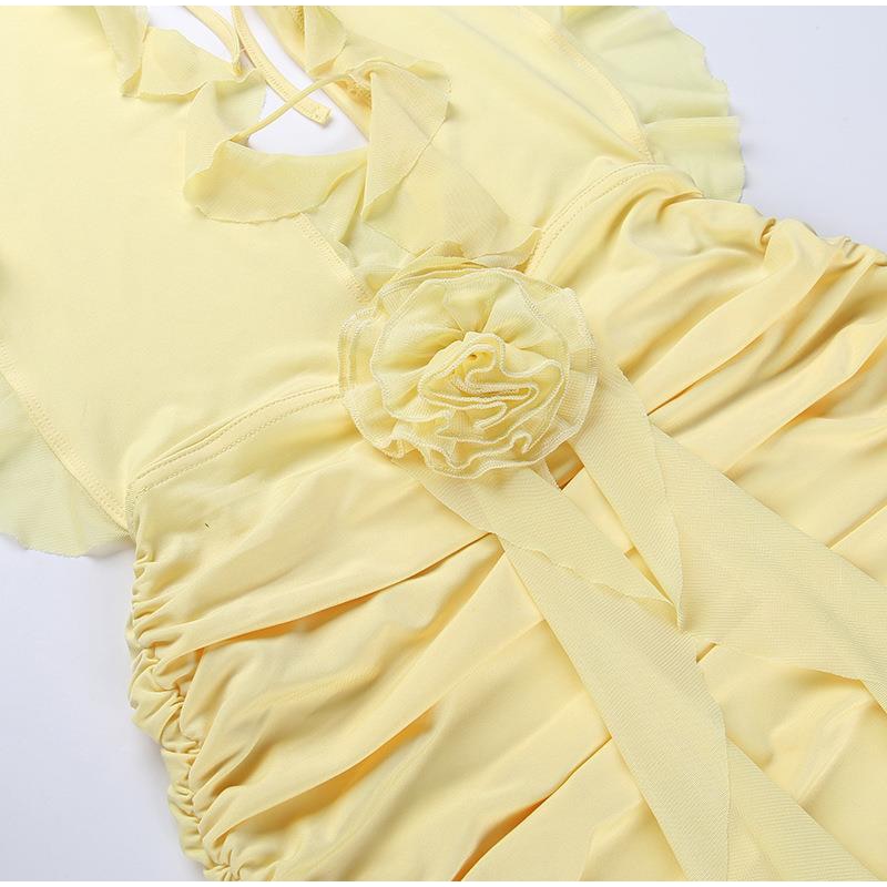 Frill Deep Neck Halter Mini Ruched Dress