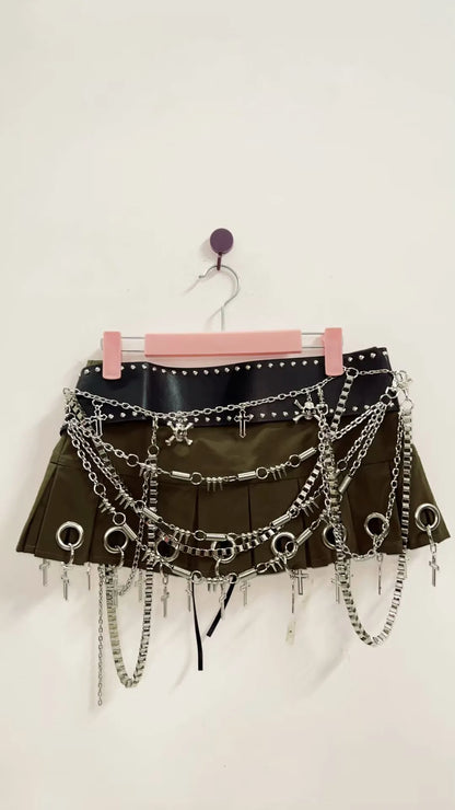 Micro Mini Pleated Belted Chain Skirt