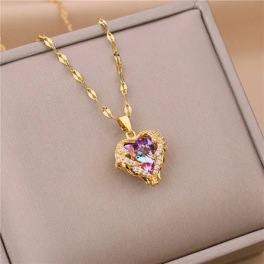 Colorful Ocean Heart Crystal Pendant Necklace