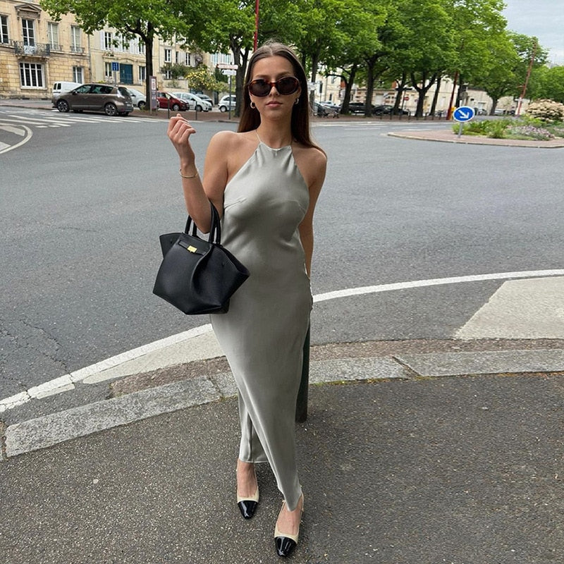 Halter Backless Satin Maxi Dress
