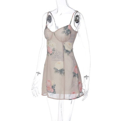 Mesh Layered Floral Strap Mini Dress