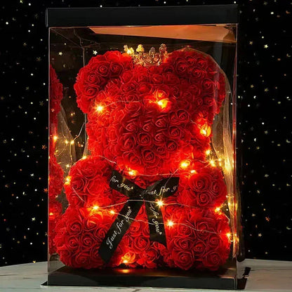 Eternal Rose Teddy Bear 25cm with Gift Box and Warm Lights