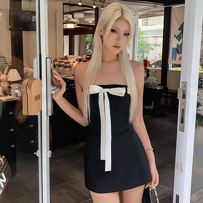 Black Tube White Bow Mini Dress