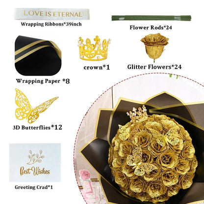 Glitter Artificial Rose Bouquet 24PCS for Wedding Decor