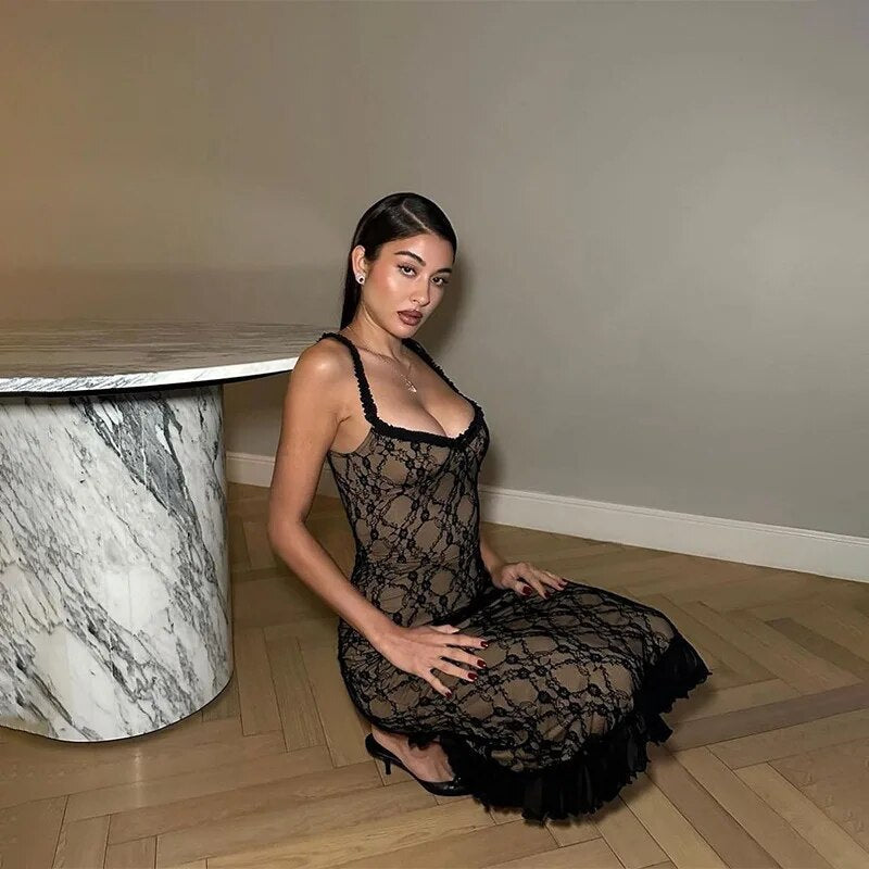 Black Lace Mesh Strap Midi Dress