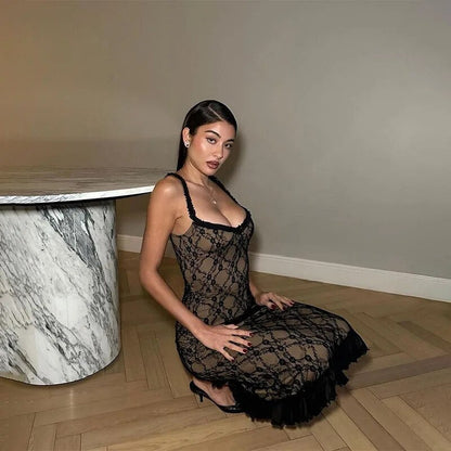 Black Lace Mesh Strap Midi Dress