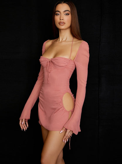 Long Sleeve Mesh Tie Up Hollow Drawstring Mini Dress
