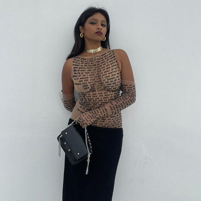 Mesh Letter Print Sleeveless Top With Gloves