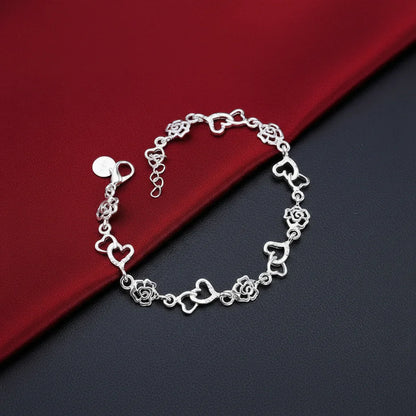 Romantic Heart Flower 925 Sterling Silver Bracelet