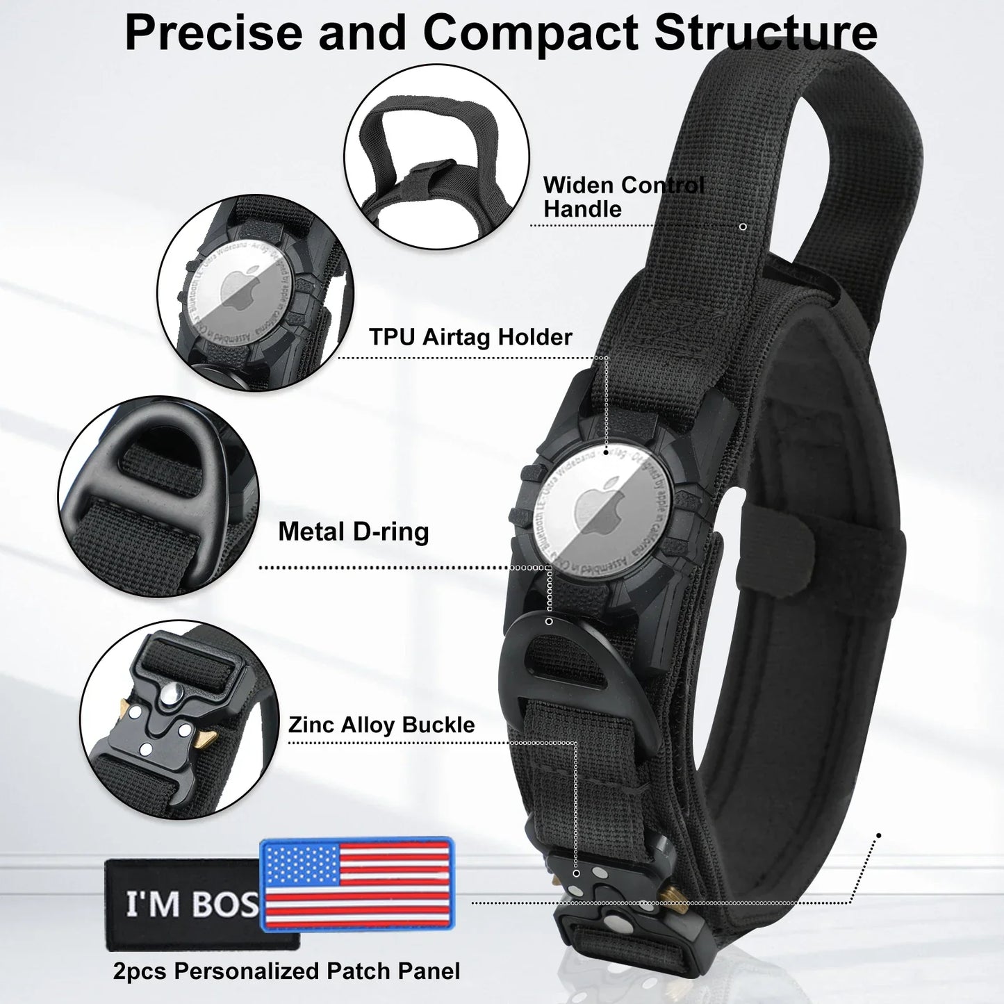 AirTag Dog Collar with Handle, Tactical Dog Collar for Large Medium Dogs
