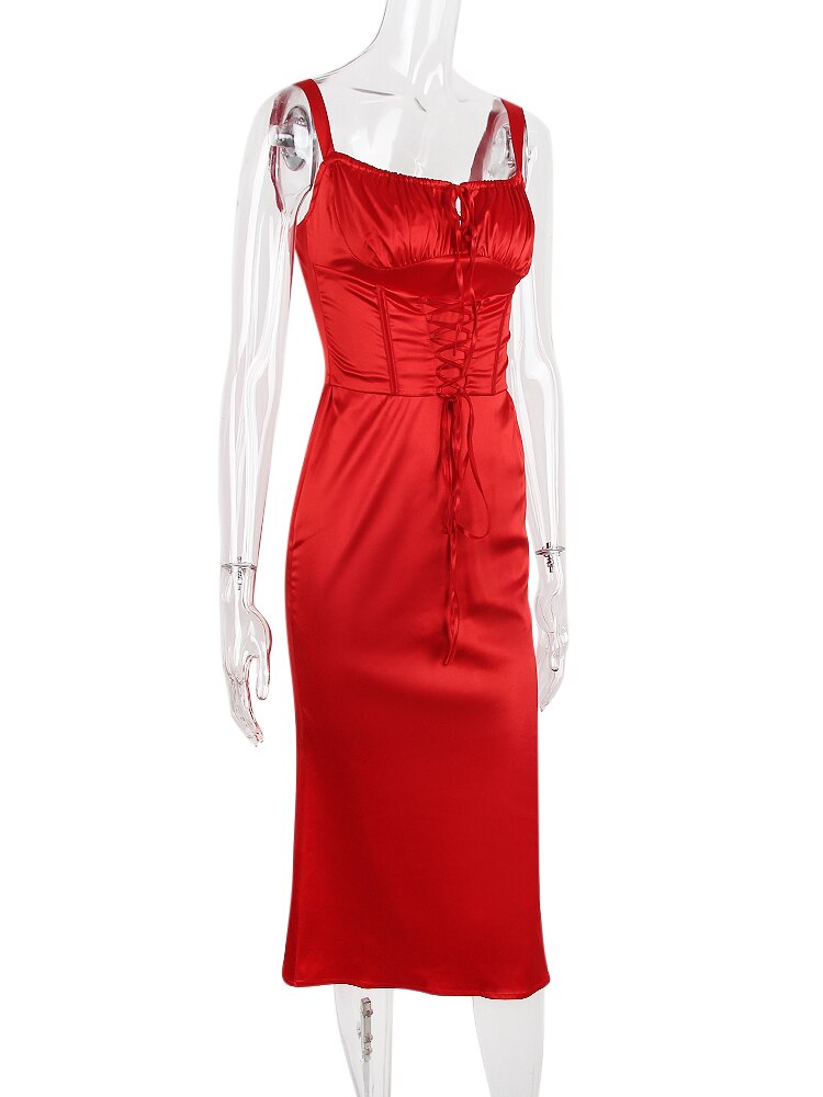 Red Satin Tie-Up Bustier Strappy Midi Dress