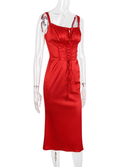 Red Satin Tie-Up Bustier Strappy Midi Dress