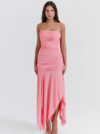 Pink Ruched Frill Tube Midi Dress