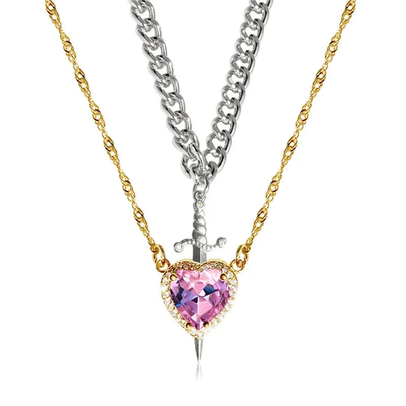 Heart and Sword Zircon Pendant Necklace Set