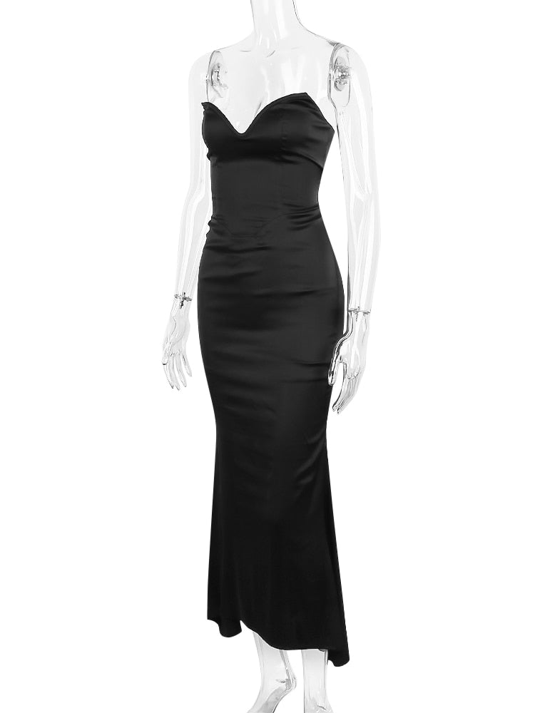 Black Satin Sweetheart Bodycon Midi Dress