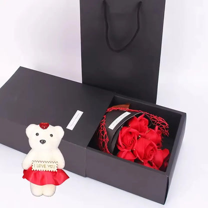 7-Rose Soap Bouquet with Little Bear Gift Box Handmade for Valentine's Day and Special Occasions