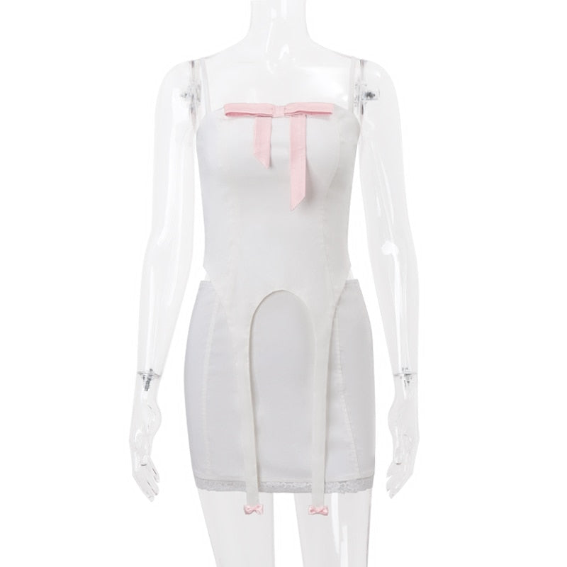 White Bow Design Top And Mini Skirt Set
