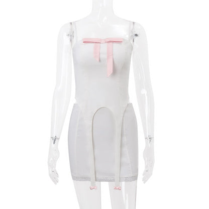 White Bow Design Top And Mini Skirt Set