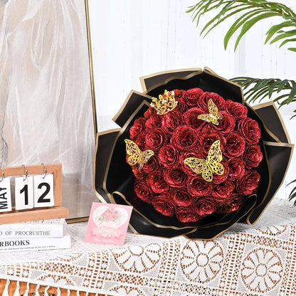 Glitter Artificial Rose Bouquet 24PCS for Wedding Decor