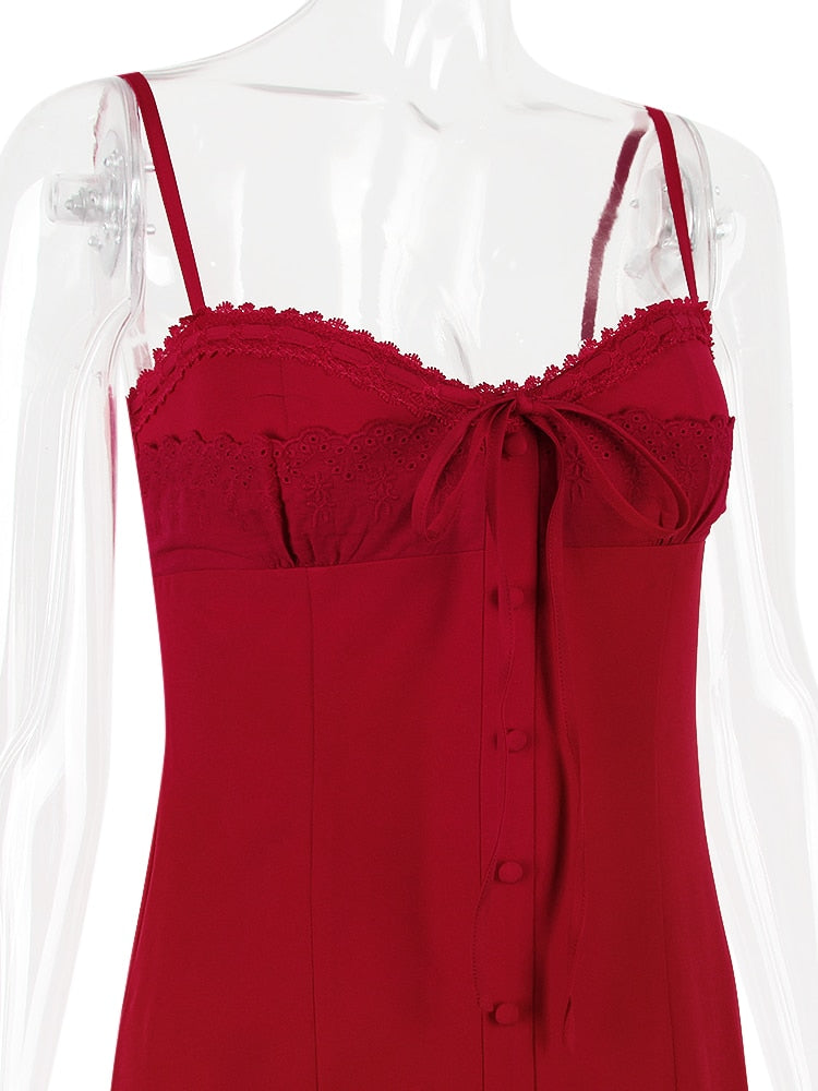 Red Lace Patchwork Buttoned Mini Dress