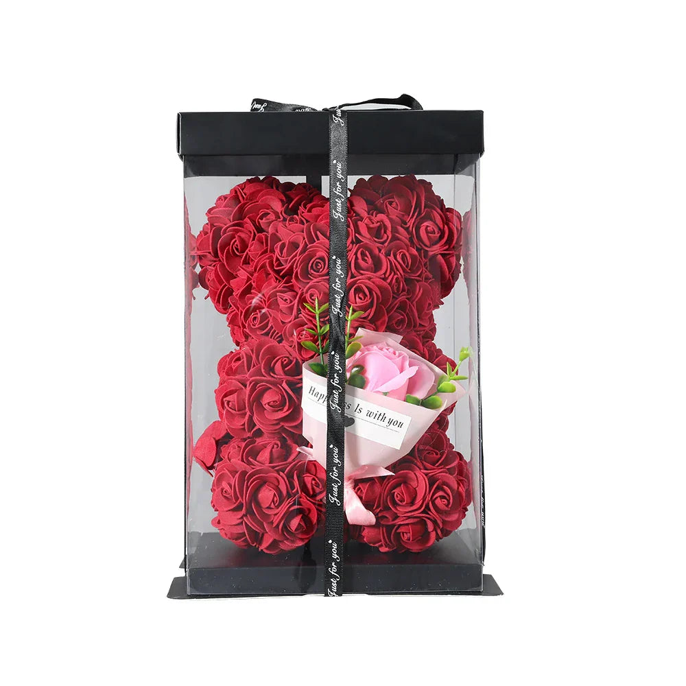 25cm Teddy Rose Bear with Lighted Box Artificial Flower Gift for Valentine's Day and Special Occasions