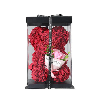 25cm Teddy Rose Bear with Lighted Box Artificial Flower Gift for Valentine's Day and Special Occasions