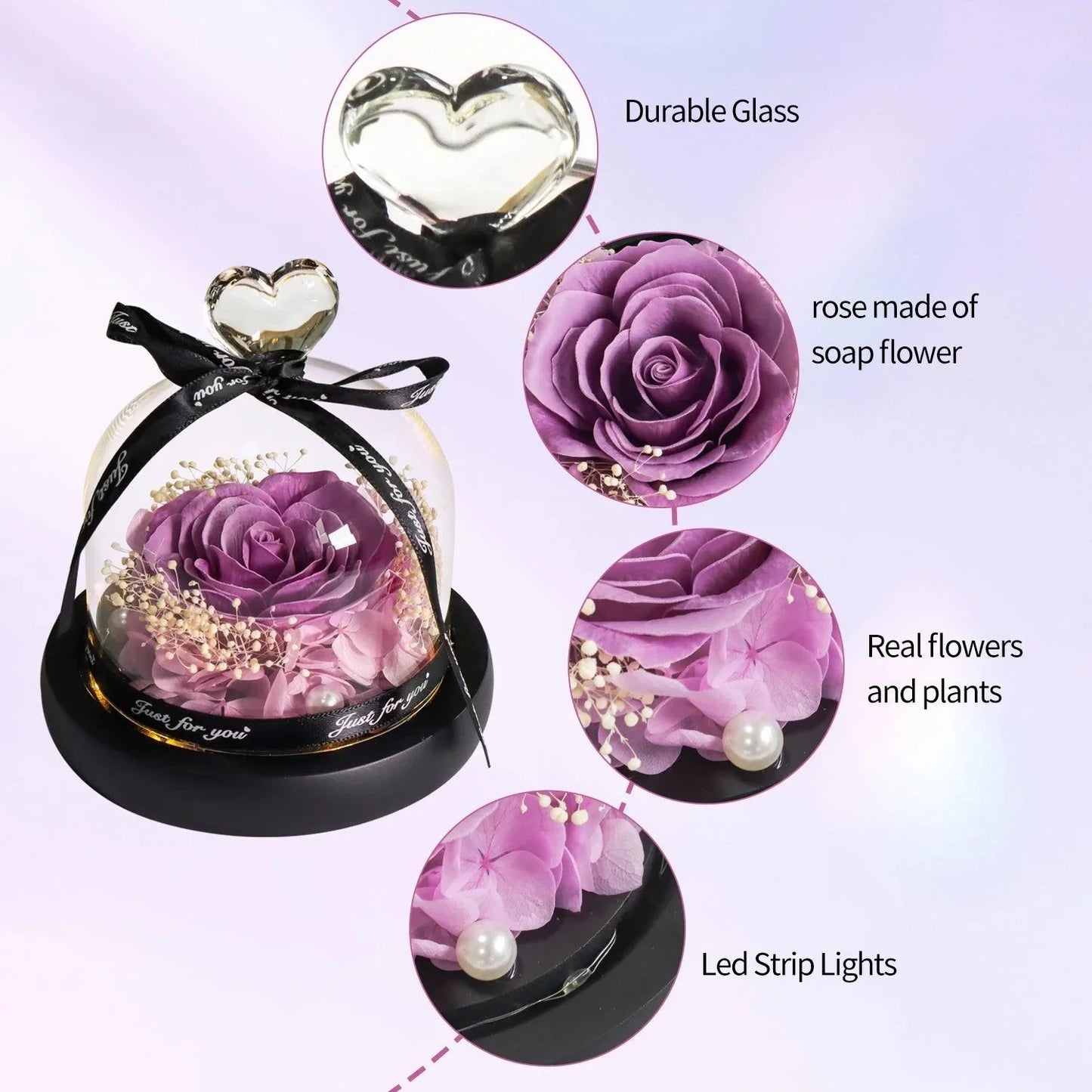 Purple Soap Rose In Glass Dome With Led Light