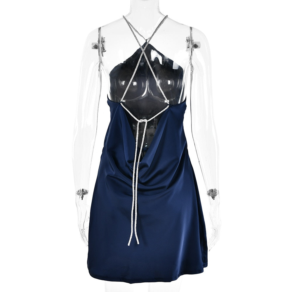 Sequin Strap Halter Backless Satin Mini Dress
